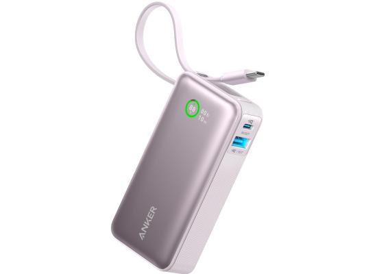 Anker Nano Power Bank, 10,000mAh Portable Charger with Built-In USB-C Cable, 30W Max Output, for iPhone 16/15 Series, MacBook, AirPods, and More - Lilac purple